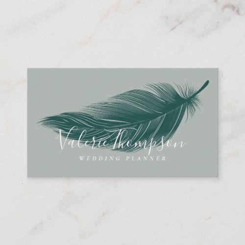 Modern minimal dark green elegant boho feather business card