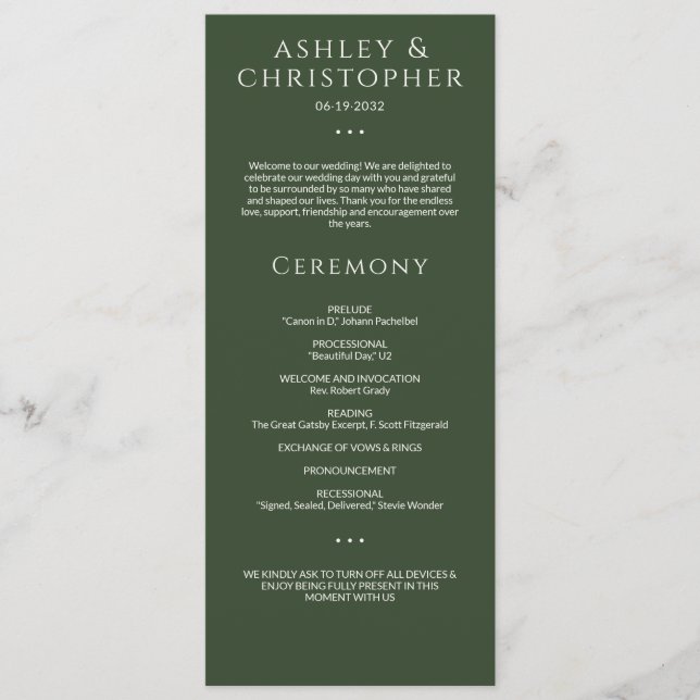 Modern Minimal Dark Moss Green Wedding Ceremony Program (Front)