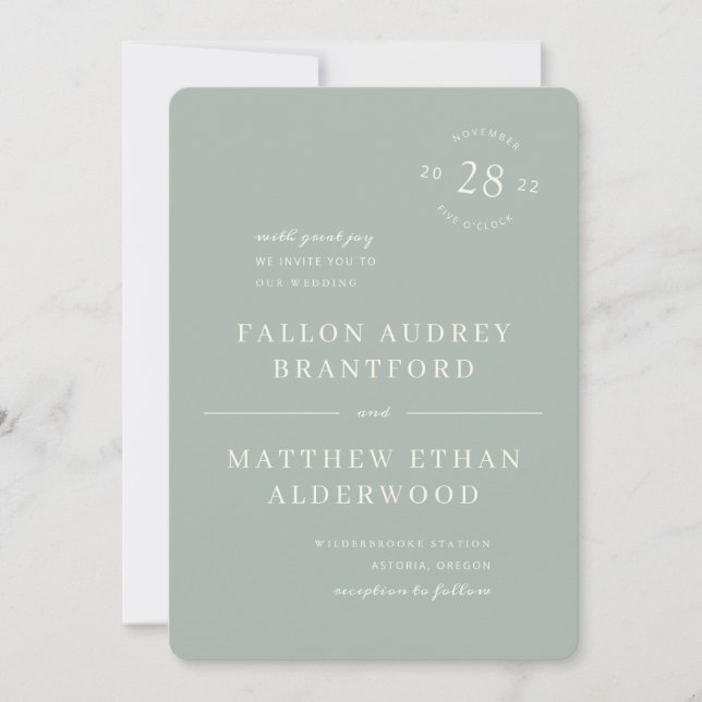 Modern Minimal Date Seal Sage Wedding Invitation (Front)