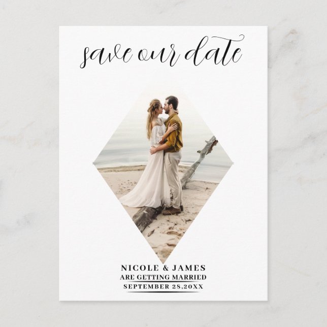 Modern Minimal Diamond Photo Wedding Save the Date Announcement Postcard (Front)
