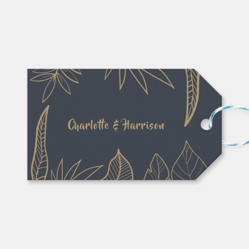 Modern Minimal Drawn Leaves Navy Blue Gold Wedding Gift Tags