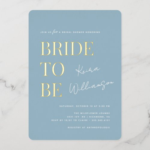 Modern Minimal  Dusty Blue and Gold Bridal Shower Foil Invitation