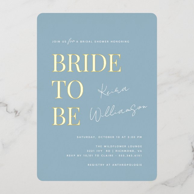 Modern Minimal | Dusty Blue and Gold Bridal Shower Foil Invitation (Front)