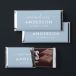 Modern Minimal Dusty Blue Personalized Mr and Mrs Hershey Bar Favors<br><div class="desc">Custom wedding Hershey's Miniatures candy favors displays a a modern and minimal "Mr and Mrs" script monogram design that can be personalized with your married last name in all caps sans serif text. Chic design features simple wedding date text and a thank you message appears on the back. The classic...</div>