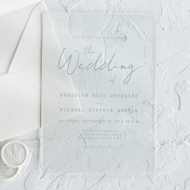 Modern Minimal Dusty Blue Script Wedding Acrylic Invitations (Creator Uploaded)
