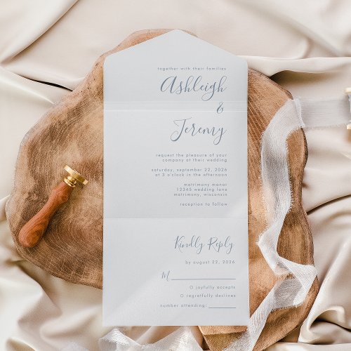 Modern Minimal Dusty Blue Script Wedding All In One Invitation