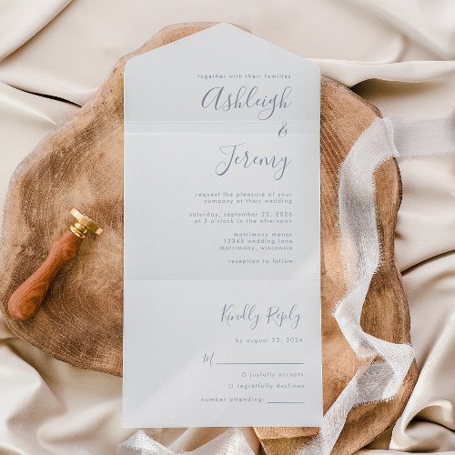 Modern Minimal Dusty Blue Script Wedding All In One Invitation