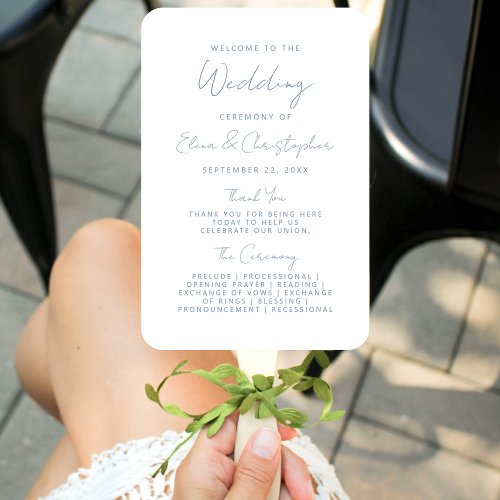 Modern Minimal Dusty Blue Script Wedding Program Hand Fan