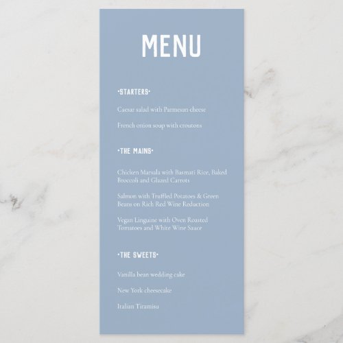 Modern Minimal Dusty Blue Typography Wedding Menu