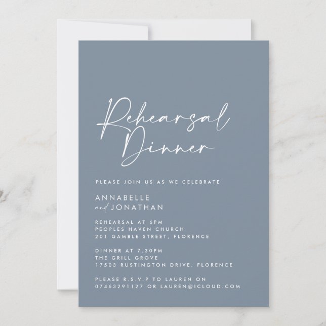 Modern Minimal dusty blue Wedding Rehearsal Dinner Invitation (Front)