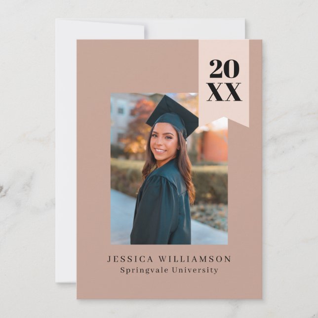 Modern Minimal Dusty Pink Ribbon Graduation Photo  Announcement (Front)