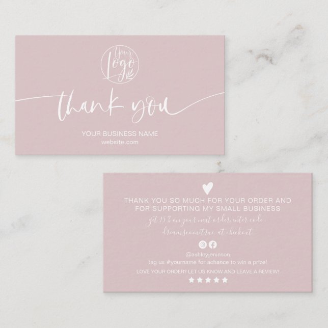 Modern minimal dusty pink script order thank you business card (Front/Back)