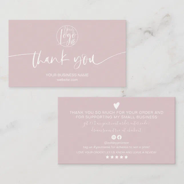Modern minimal dusty pink script order thank you business card | Zazzle