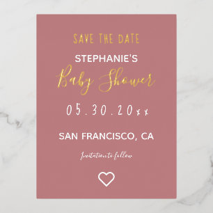 Modern Minimal Dusty Rose Heart Baby Shower  Foil Holiday Postcard