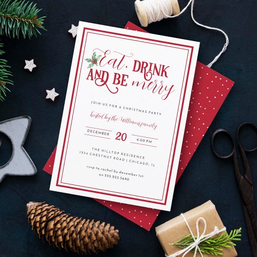 Modern Minimal Eat Drink Be Merry Christmas Party Invitation