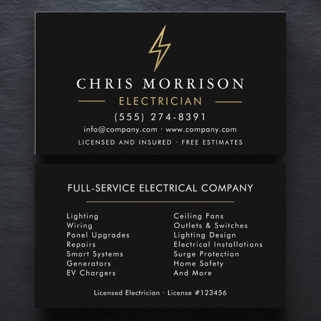 Modern Minimal Electrician Black Gold Business Card (Creator Uploaded)