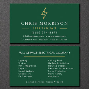 Modern Minimal Electrician Green Gold Business Card