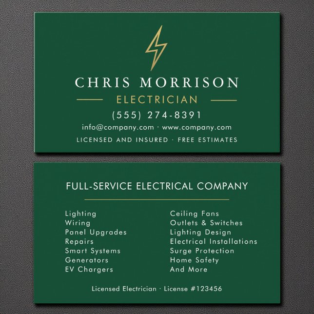 Modern Minimal Electrician Green Gold Business Card (Creator Uploaded)