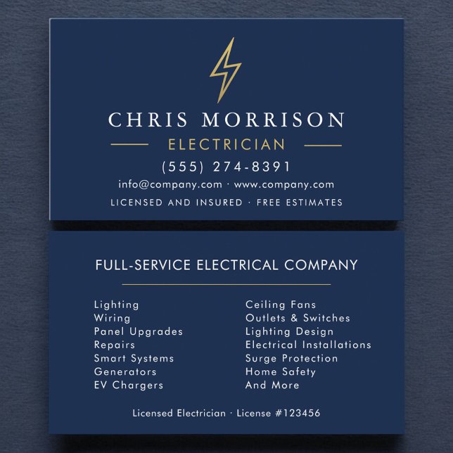 Modern Minimal Electrician Navy Blue Gold Business Card (Creator Uploaded)