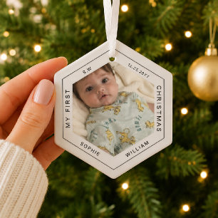 Modern Minimal Elegant Babys First Christmas Photo Glass Ornament