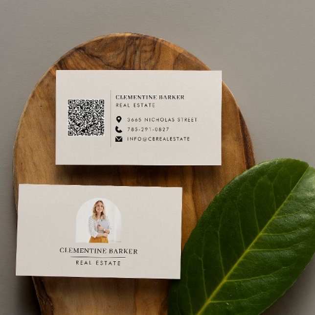 Modern minimal elegant beige simple arch photo business card (Creator Uploaded)