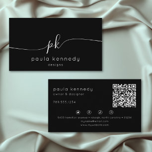Modern Minimal Elegant Black Monogram QR Code Business Card