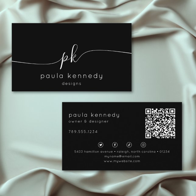 Modern Minimal Elegant Black Monogram QR Code Business Card (Creator Uploaded)