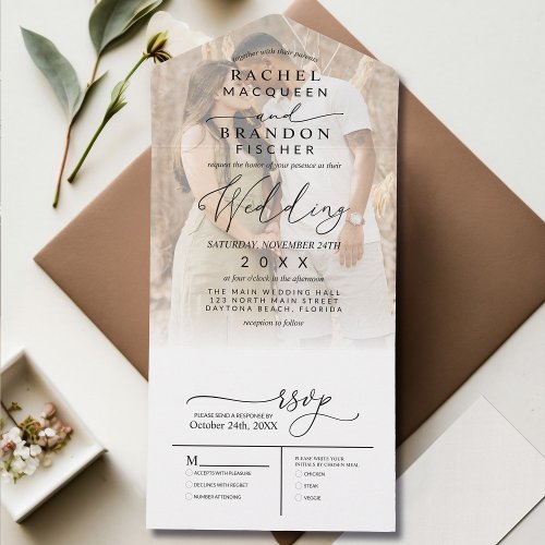 Modern Minimal Elegant Black White Photo Wedding All In One Invitation