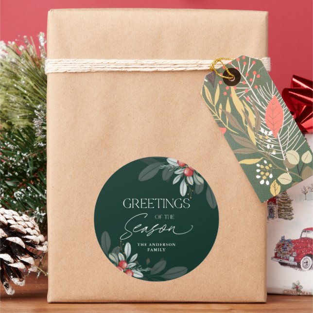 Modern Minimal Elegant Christmas Greenery Classic Round Sticker (Holiday)