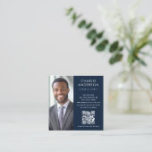 Modern minimal elegant dark blue photo square business card (Standing Front)