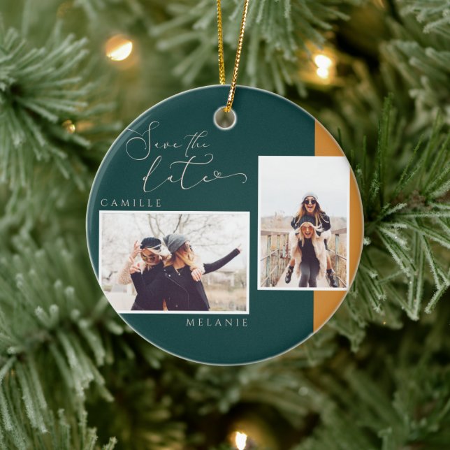 Modern, Minimal Elegant Gold&Teal Two Tone 2 Photo Ceramic Ornament (Tree)