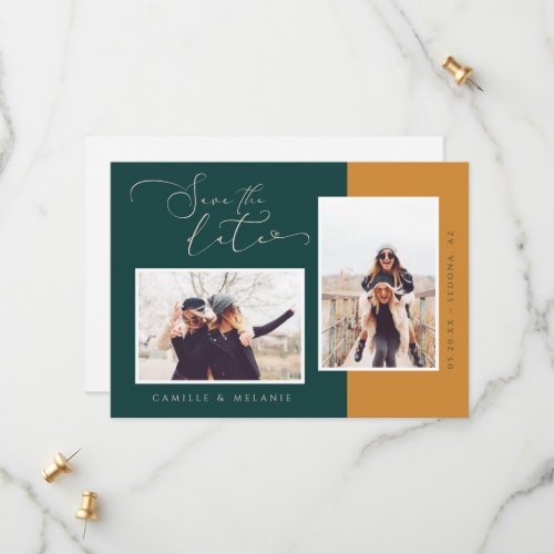 Modern Minimal Elegant GoldTeal Two Tone 2 Photo Save The Date