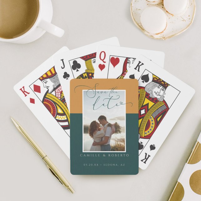 Modern, Minimal Elegant Gold & Teal Two Tone Photo Poker Cards (Creator Uploaded)