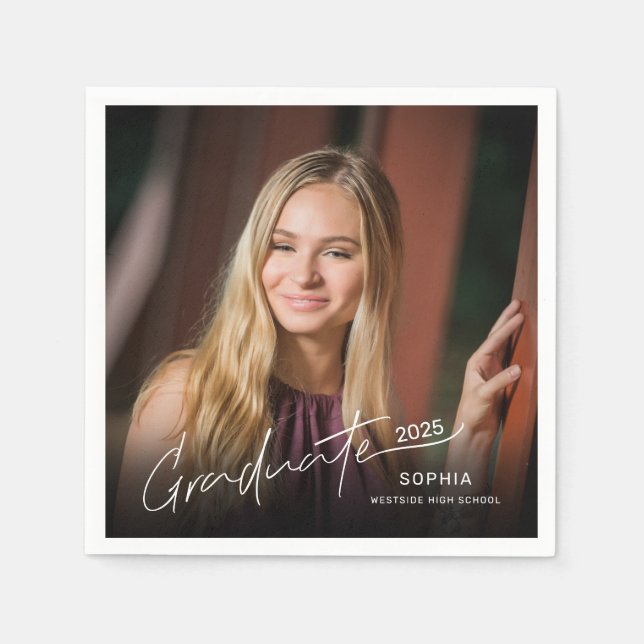Modern Minimal Elegant Graduate Script Photo Napkins (Front)
