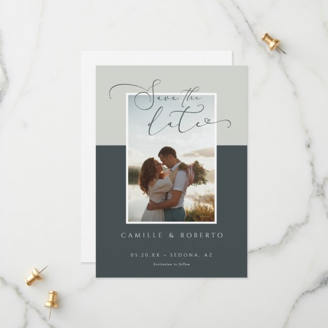 Modern, Minimal & Elegant Grey Two Tone Photo Save The Date (Front/Back In Situ)
