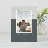 Modern, Minimal & Elegant Grey Two Tone Photo Save The Date (Standing Front)