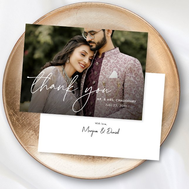 Modern Minimal Elegant Handwritten Photo Wedding Thank You Card (Creator Uploaded)