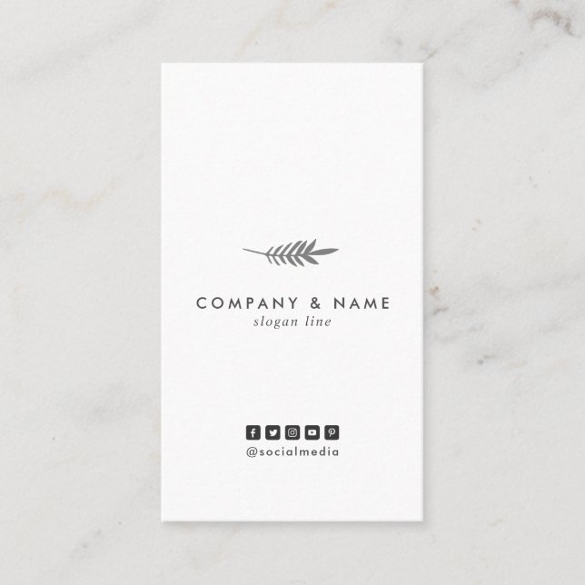 Modern Minimal Elegant Leaf White & Grey Vertical Business Card (Front)