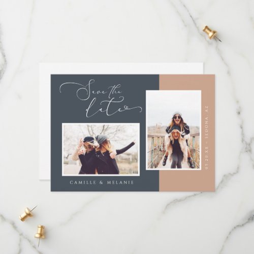 Modern Minimal Elegant Navy  Tan Two Tone Photo Save The Date