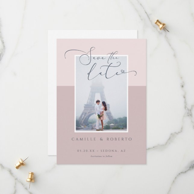 Modern, Minimal & Elegant Pink Two Tone Photo Save The Date (Front/Back In Situ)