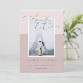 Modern, Minimal & Elegant Pink Two Tone Photo Save The Date (Standing Front)