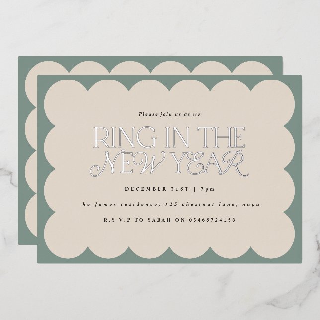 Modern minimal elegant sage green retro wavy edge foil holiday card (Front/Back)