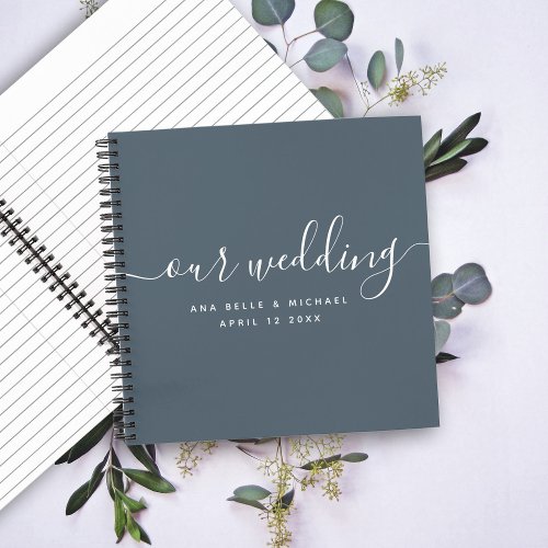 Modern Minimal Elegant Script Blue Wedding Guest Notebook