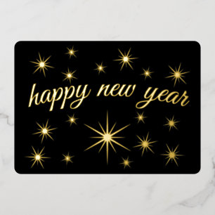 Modern Minimal Elegant Script Happy New Year Stars Foil Holiday Card
