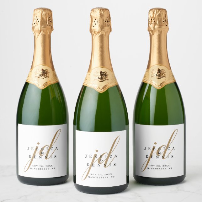 Modern Minimal Elegant Script Monogram Wedding Sparkling Wine Label (Bottles)
