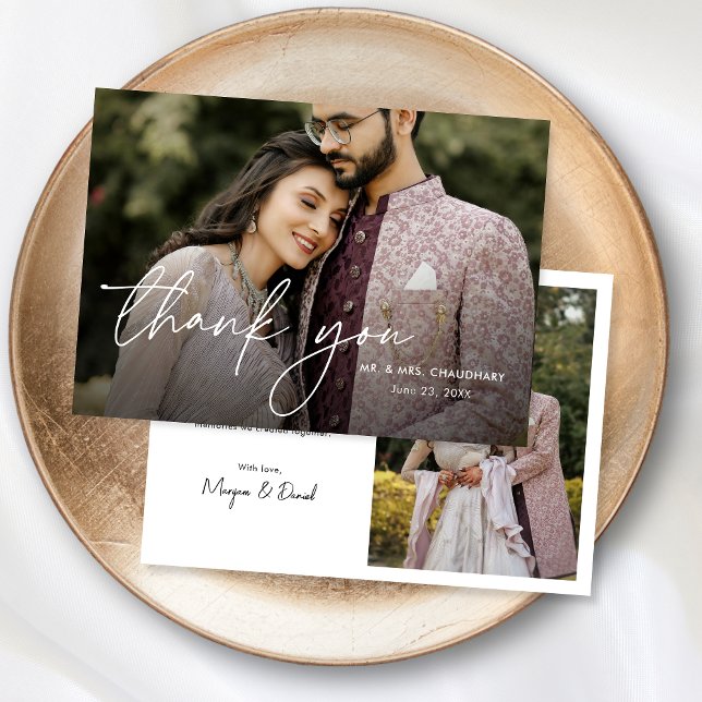 Modern Minimal Elegant Script Two Photo Wedding Thank You Card (Creator Uploaded)
