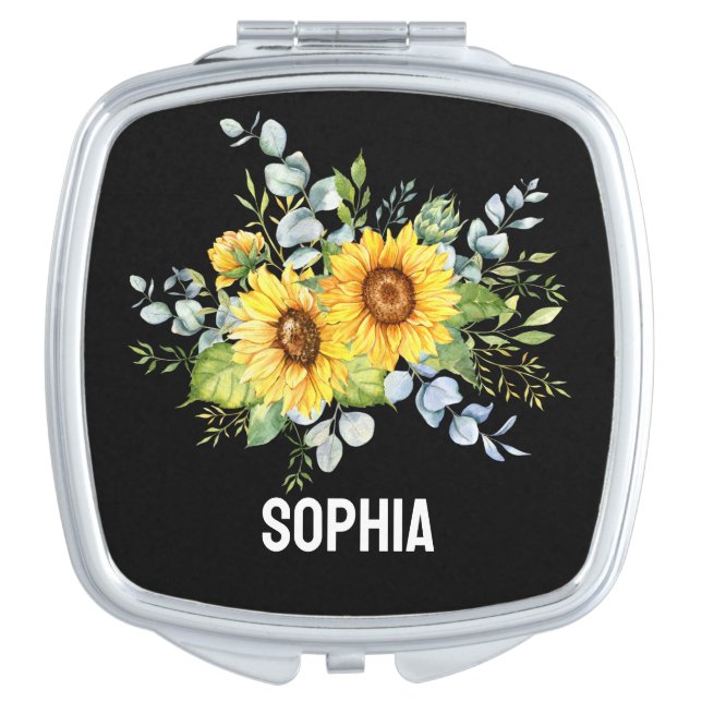 Modern Minimal Elegant Sunflower Floral Botanical Compact Mirror (Front)