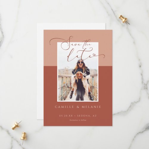 Modern Minimal Elegant Terra Cotta Two Tone Photo Save The Date