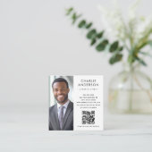 Modern minimal elegant white photo QR code Square Business Card (Standing Front)
