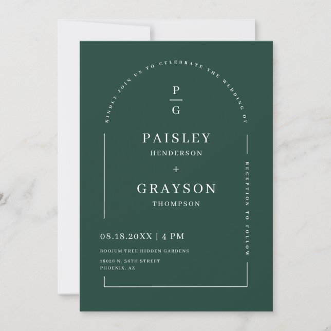 Modern Minimal Emerald Arch QR Code Wedding Photo Invitation (Front)